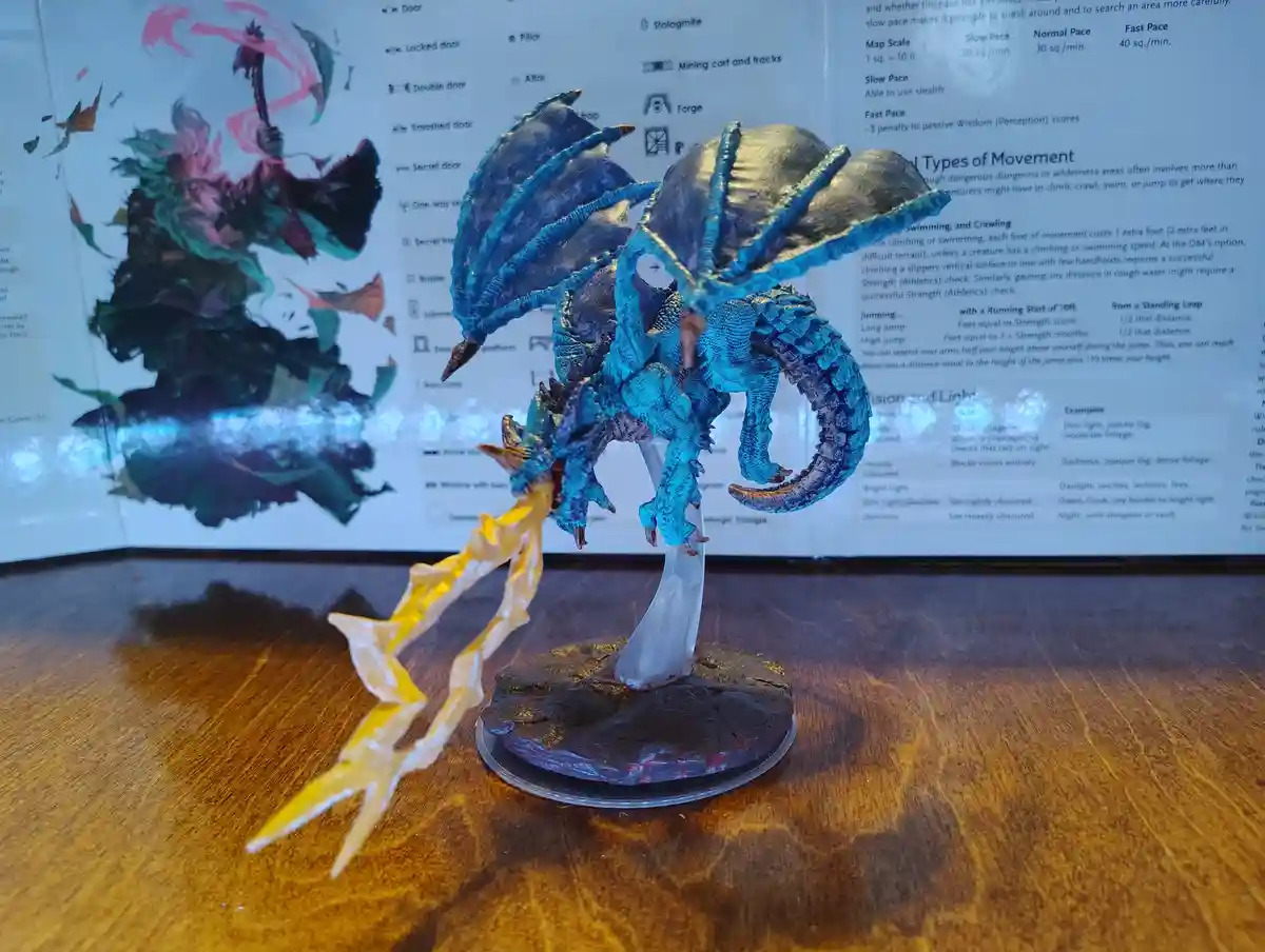 A blue-painted dragon miniature figurine with wings spread and a yellow lightning bolt effect attached to its tail stands on…