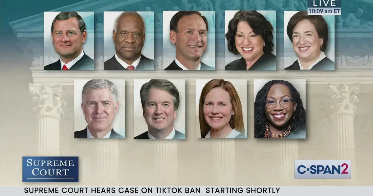 The image displays a C-SPAN2 broadcast graphic showing official headshots of all nine Supreme Court justices arranged in two…