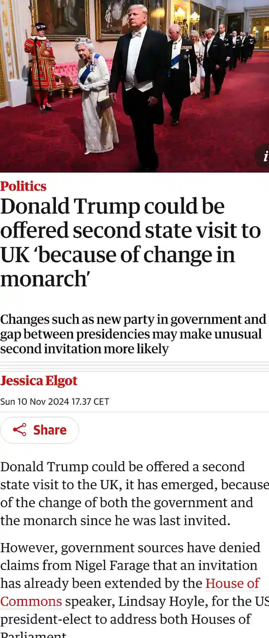 A screenshot of a news article with a photo of Donald Trump walking beside Queen Elizabeth II in a formal setting. The…