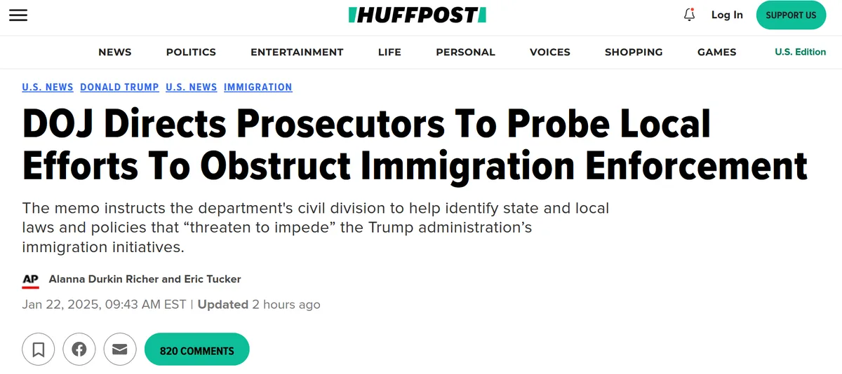 A screenshot of a HuffPost news article from January 22, 2025, with the headline 'DOJ Directs Prosecutors To Probe Local…