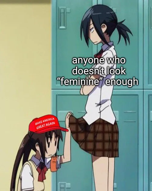 An anime girl in a school uniform with a 'MAKE AMERICA GREAT AGAIN' hat is pulling up the skirt of a taller girl in a…