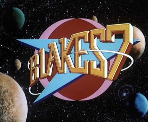 The image displays the iconic logo for the science fiction TV series 'Blake's 7', featuring stylized golden 3D lettering…