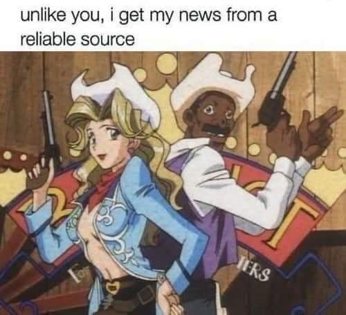 Two anime-style cowboys, a blonde woman and a Black man, both holding pistols and pointing them forward with confident…