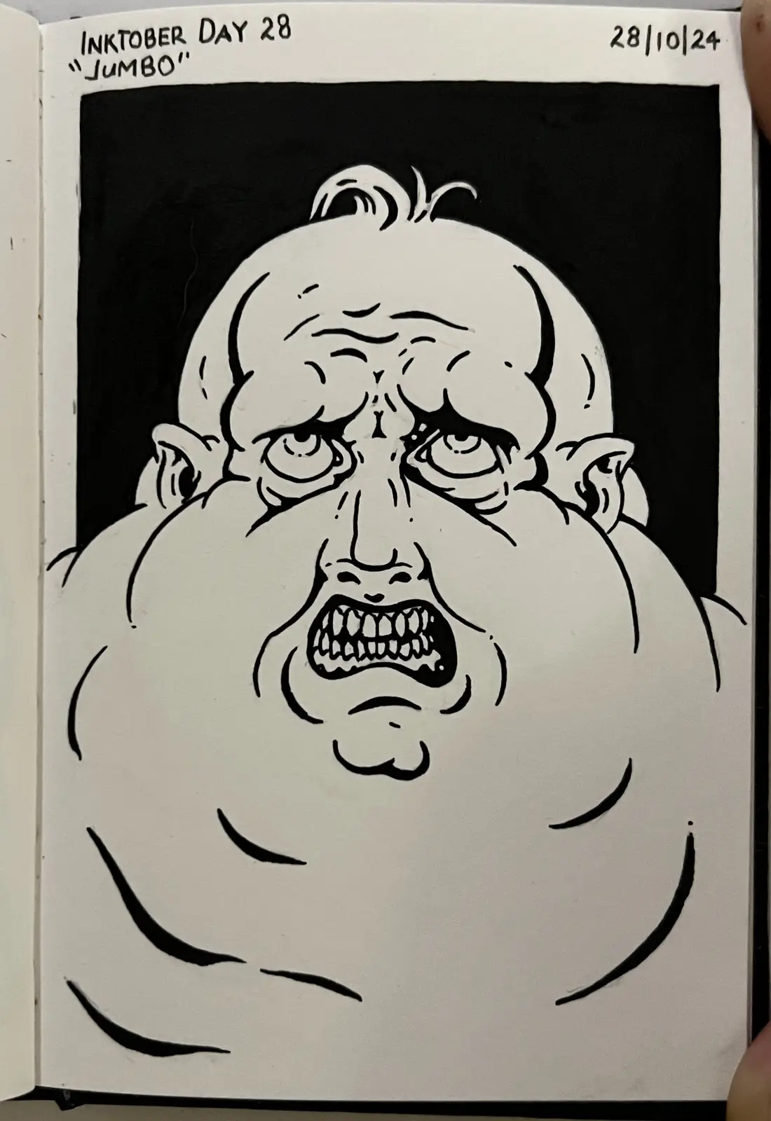 A black-and-white ink drawing in a sketchbook shows a grotesquely obese, bald man with a terrified, screaming expression…