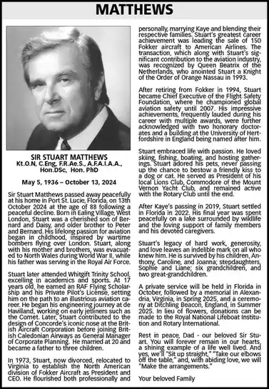 An obituary for Sir Stuart Matthews, featuring his photo, life details, and accomplishments, overlaid with the humorous text…