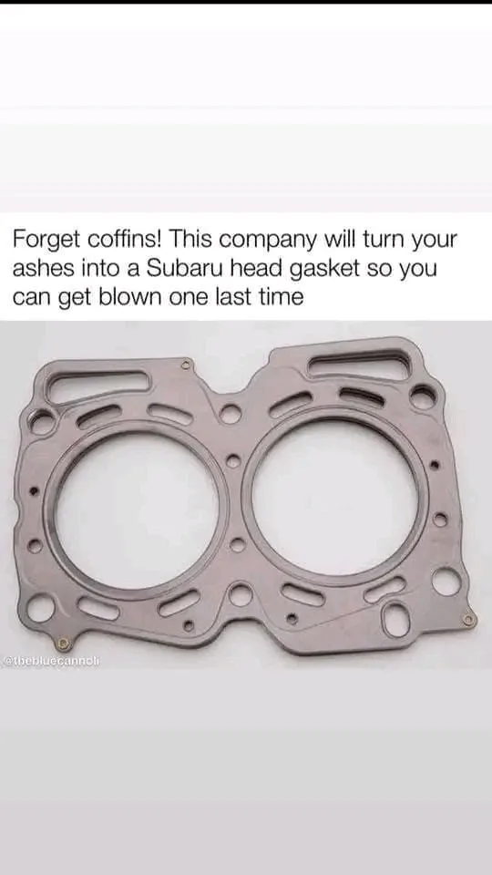 The image displays a metallic Subaru engine head gasket with two large circular openings and numerous bolt holes. Overlaid…