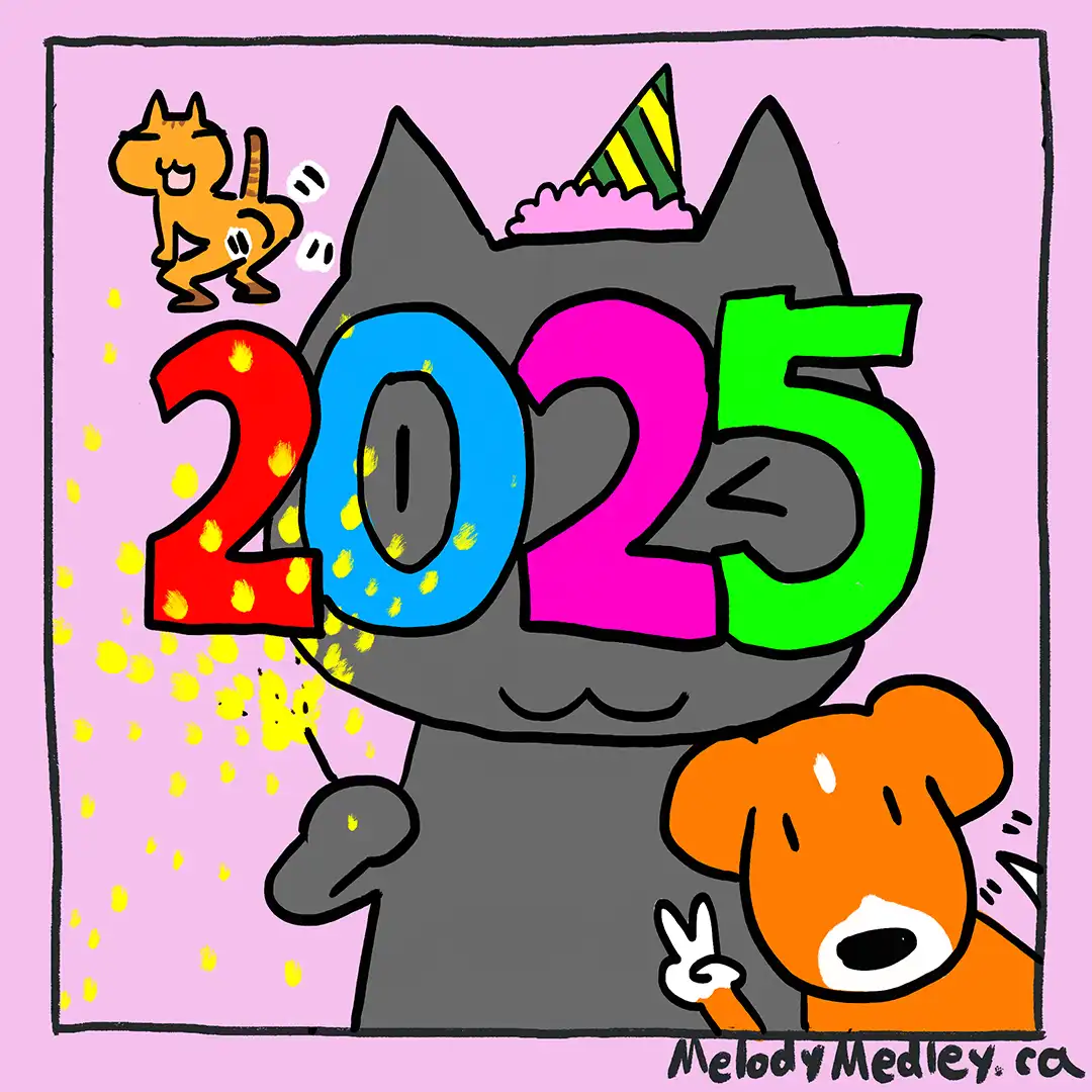 A cartoon grey cat wearing a party hat and holding the colorful year '2025' in front of its face, with yellow confetti…