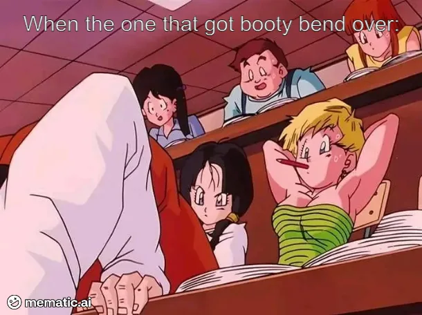 An anime classroom scene with several students. A blonde girl in a green top is leaning back in her chair with her legs up…
