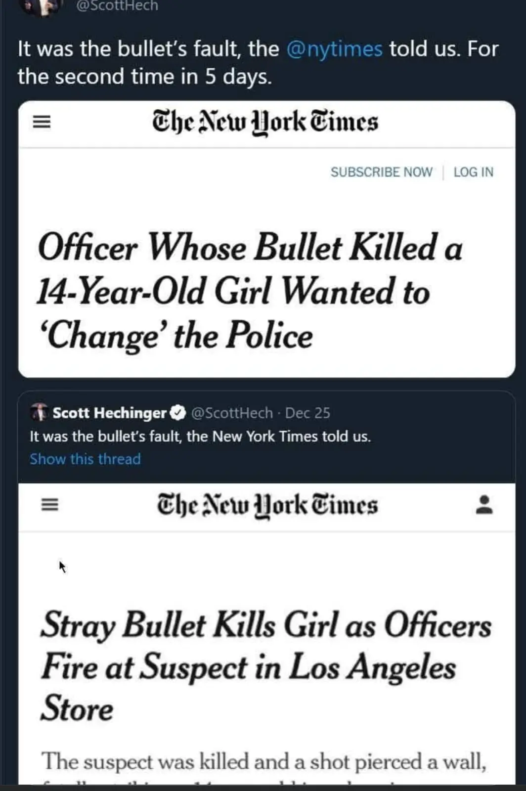 The image shows two screenshots of The New York Times articles. The top article headline reads 'Officer Whose Bullet Killed…