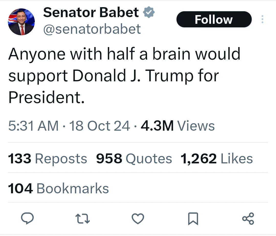 A screenshot of a Twitter post by Senator Babet, who has a verified badge and a profile picture showing him in a suit. The…