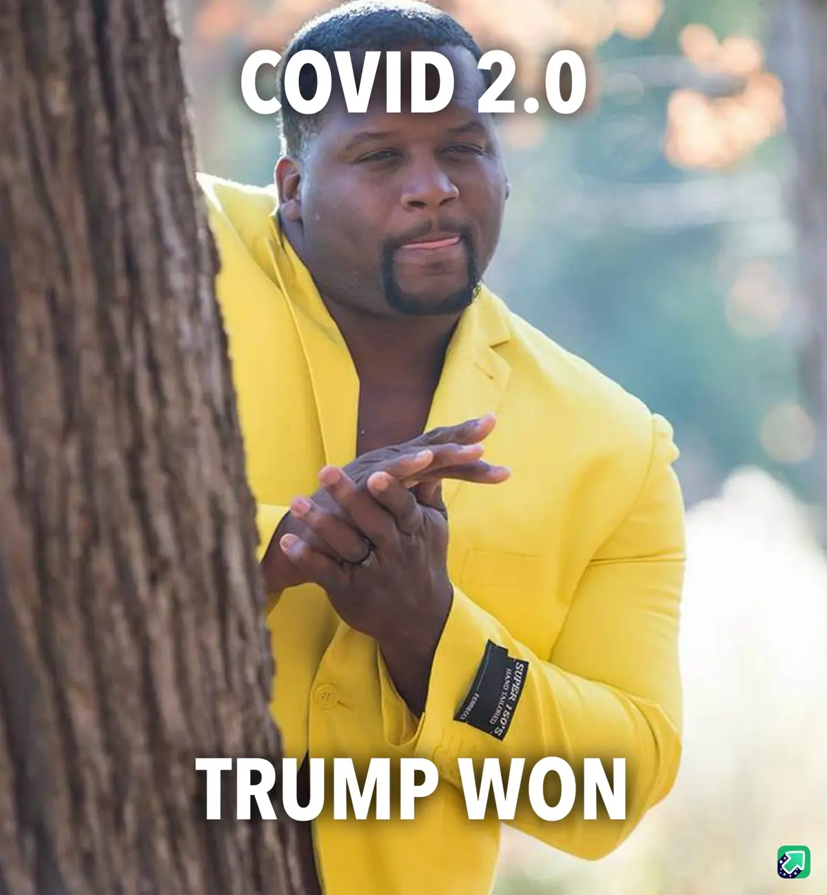 A man in a bright yellow blazer peeks from behind a tree trunk, hands clasped together in a conspiratorial gesture. White…