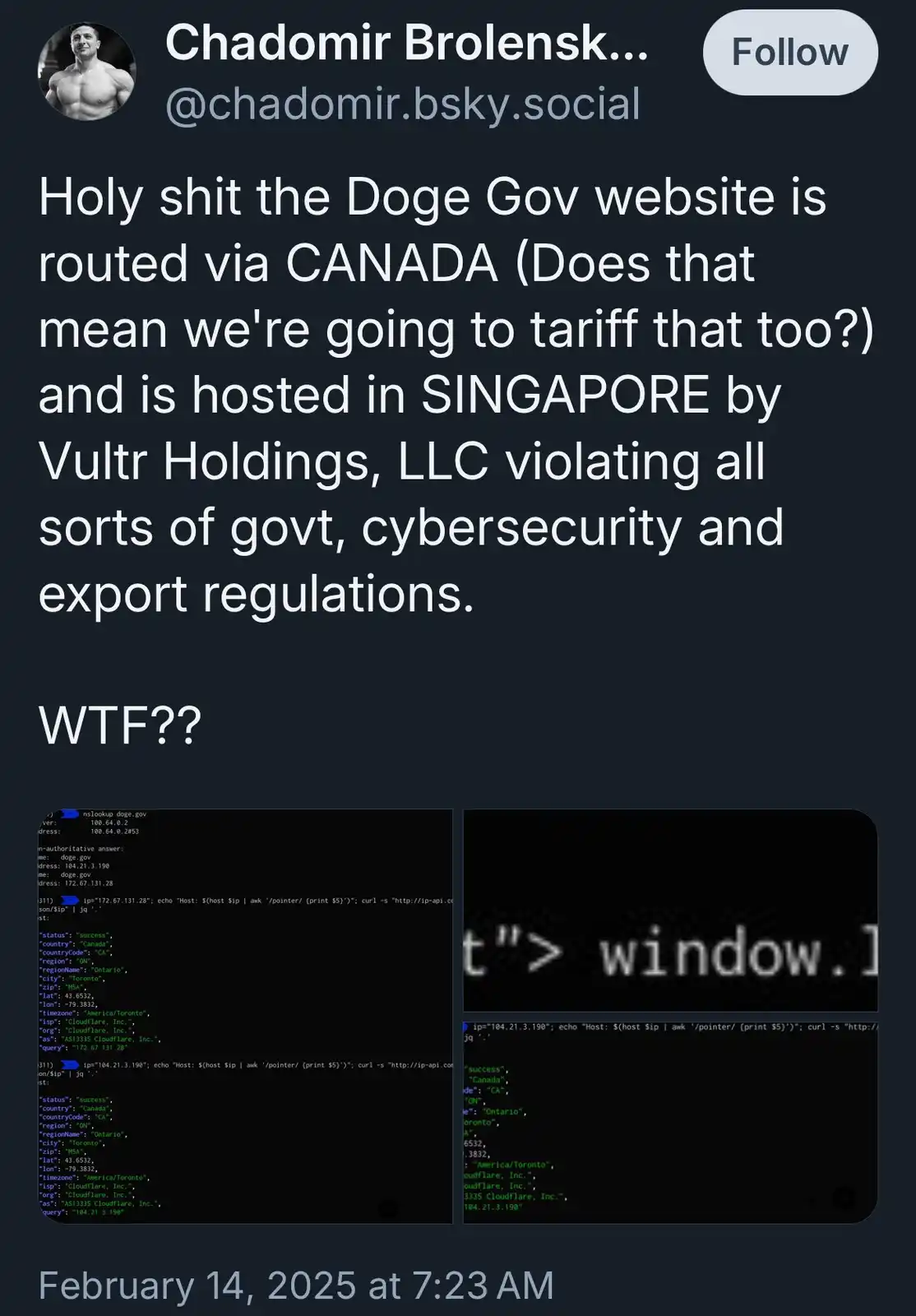 A screenshot of a social media post by Chadomir Brolensk showing terminal output that reveals the Doge Gov website is routed…