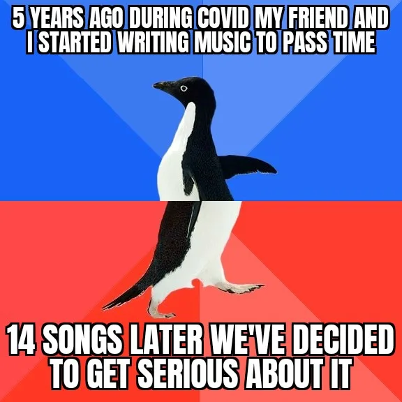 A penguin stands centered against a blue and red background, split horizontally. The top text reads '5 YEARS AGO DURING…