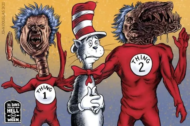 A cartoon image shows the Cat in the Hat standing between two monstrous, demonic versions of Thing 1 and Thing 2, who are…