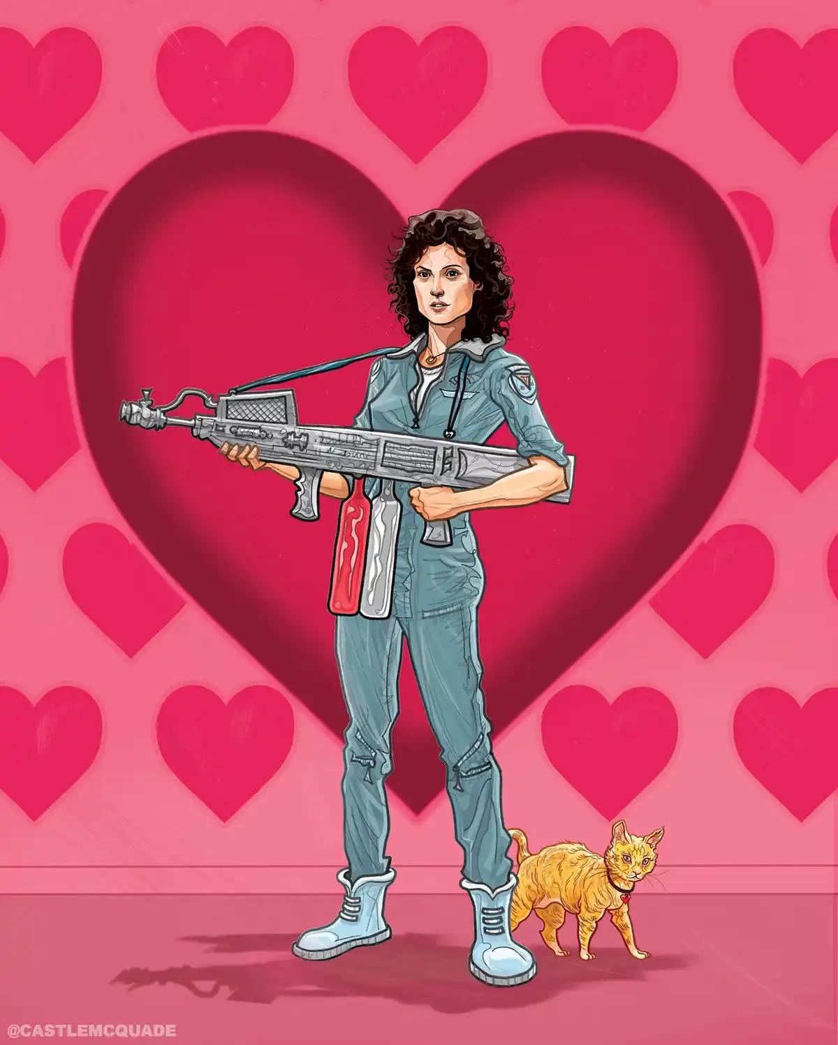 A woman in a blue flight suit holding a large sci-fi weapon stands in front of a giant heart, surrounded by smaller hearts…