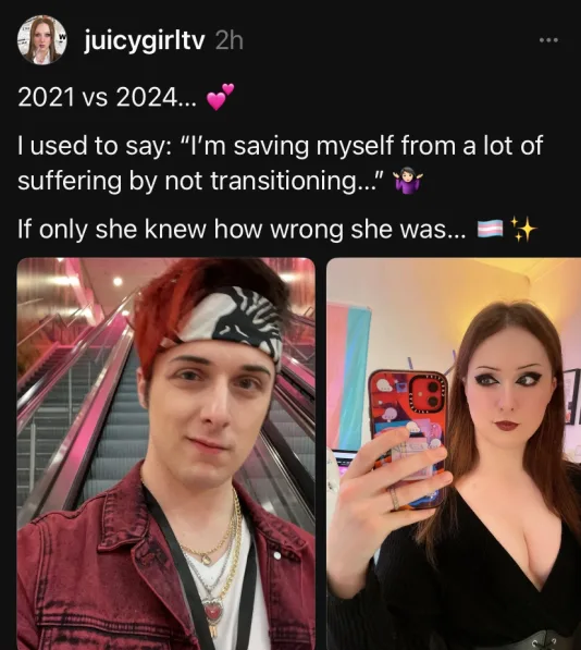 A social media post by 'juicygirltv' shows two side-by-side selfies: a younger person with red hair and a bandana standing…