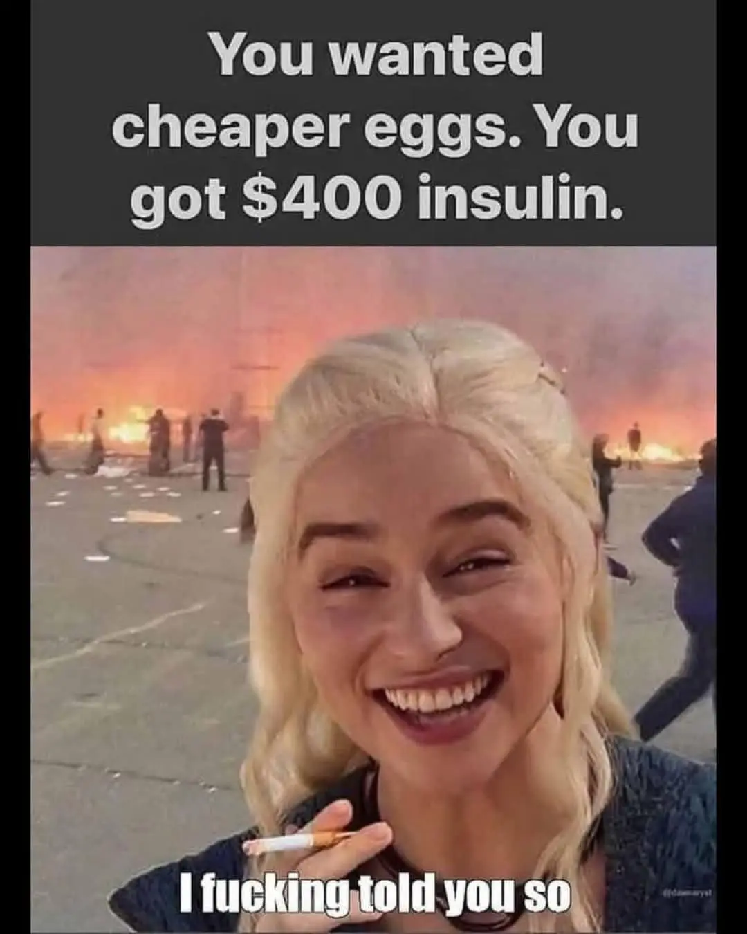 A woman with blonde hair, smiling broadly while holding a cigarette, is superimposed over a background of a fiery, chaotic…