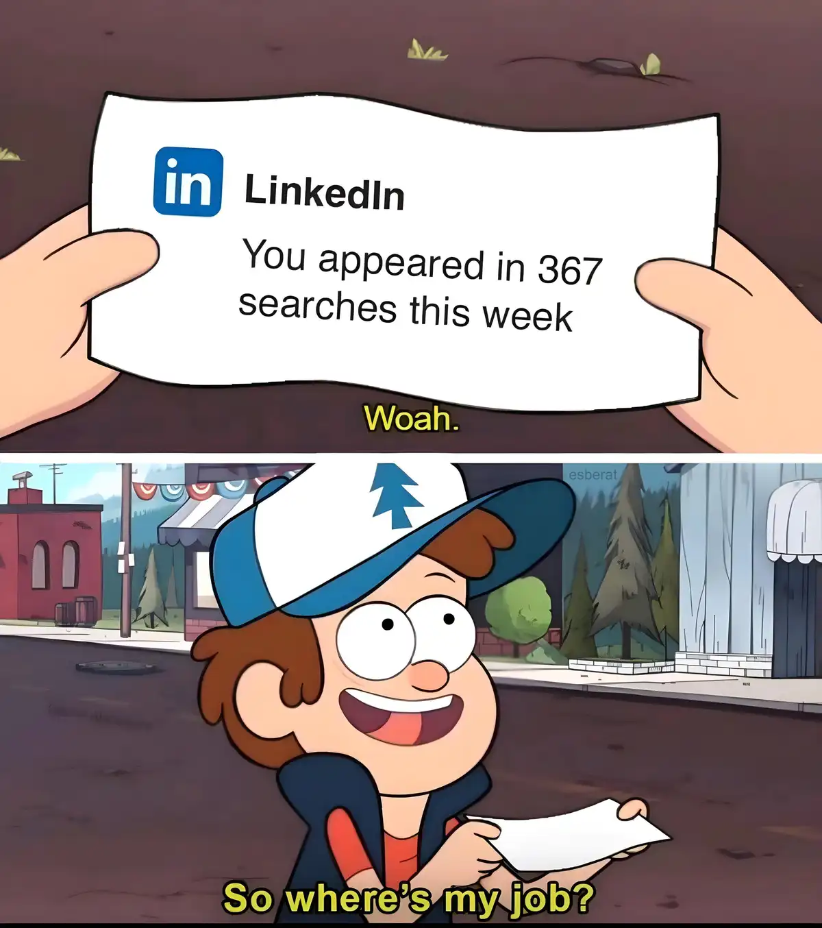 Two-panel cartoon meme featuring Dipper Pines from Gravity Falls. The top panel shows hands holding a white card with the…