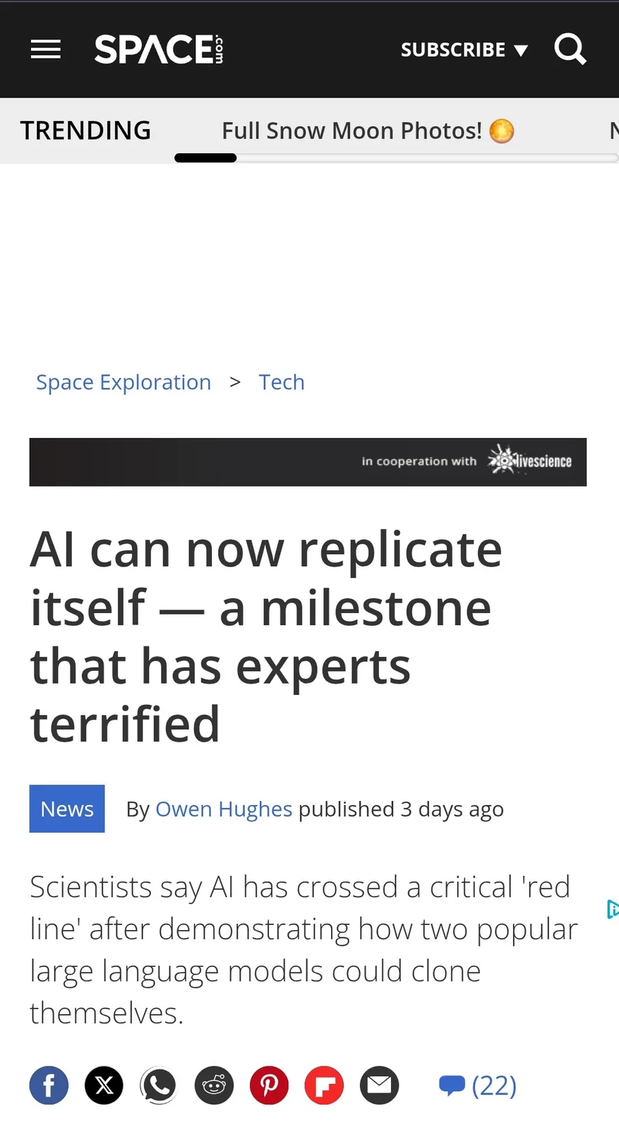 A screenshot of a SPACE.com news article with the headline 'AI can now replicate itself — a milestone that has experts…