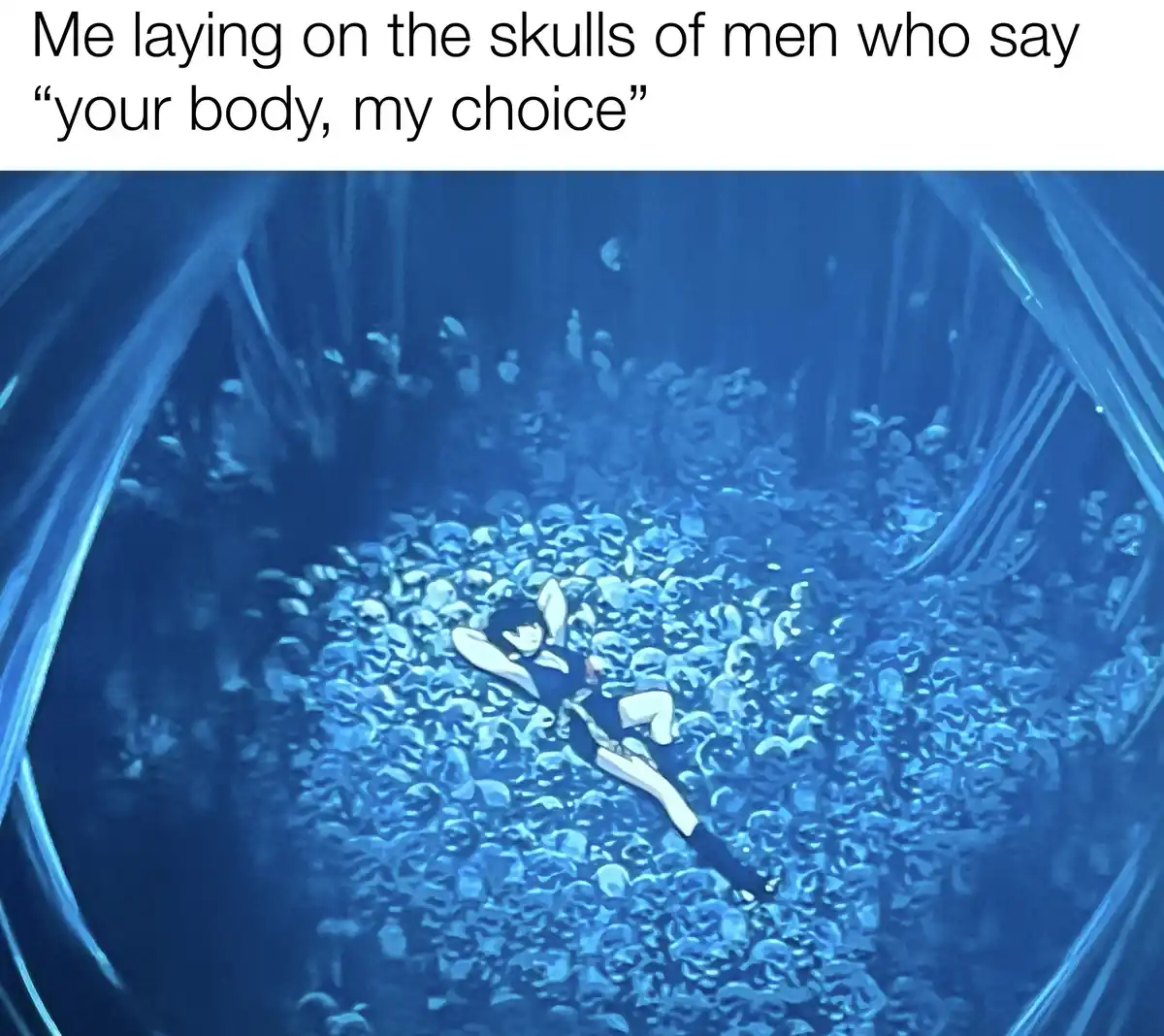 An anime-style image shows a person lying on a bed of skulls in a blue-lit, cavernous space. The overlaid text reads 'Me…