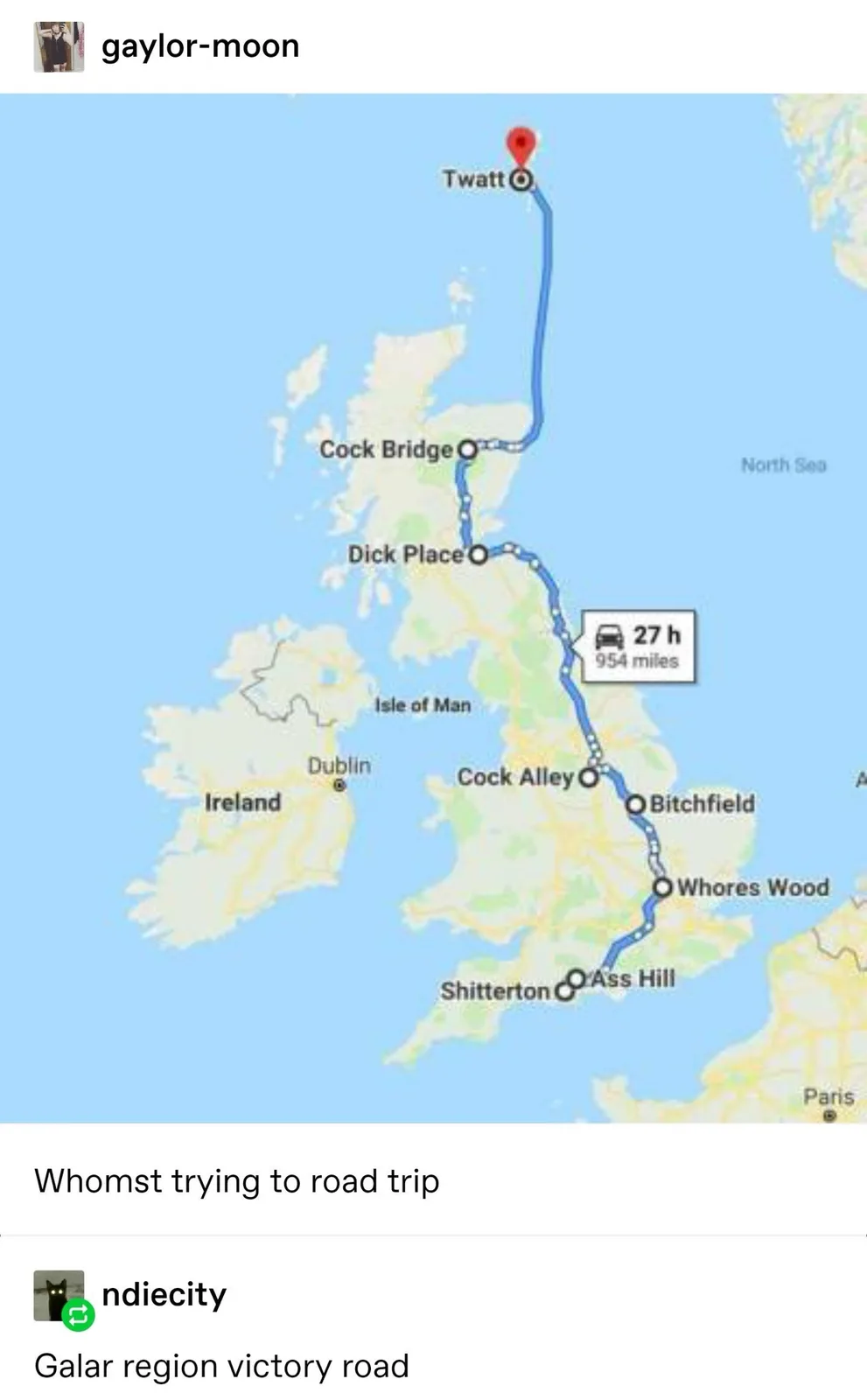A Google Maps screenshot shows a long, winding route from Twatt to Ass Hill, passing through absurdly named locations like…