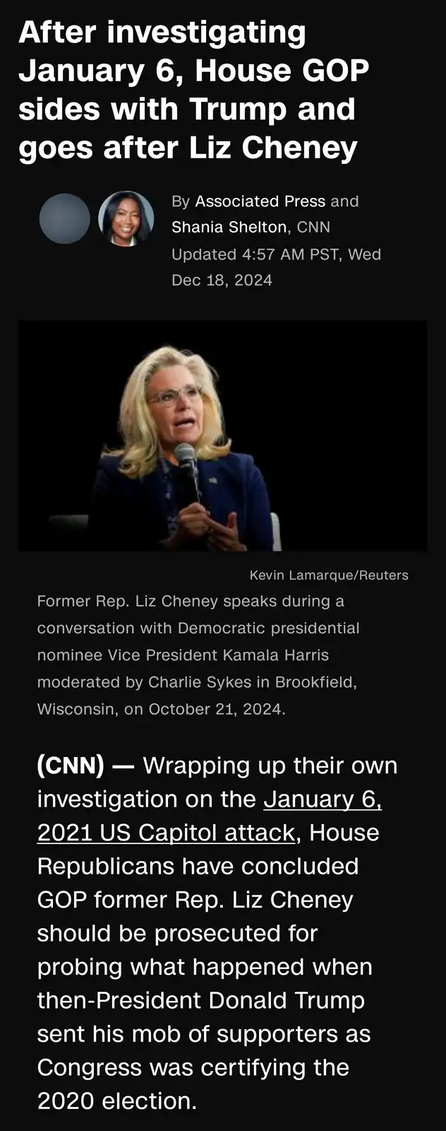 A screenshot of a CNN news article from December 18, 2024, featuring a photo of former Rep. Liz Cheney speaking into a…