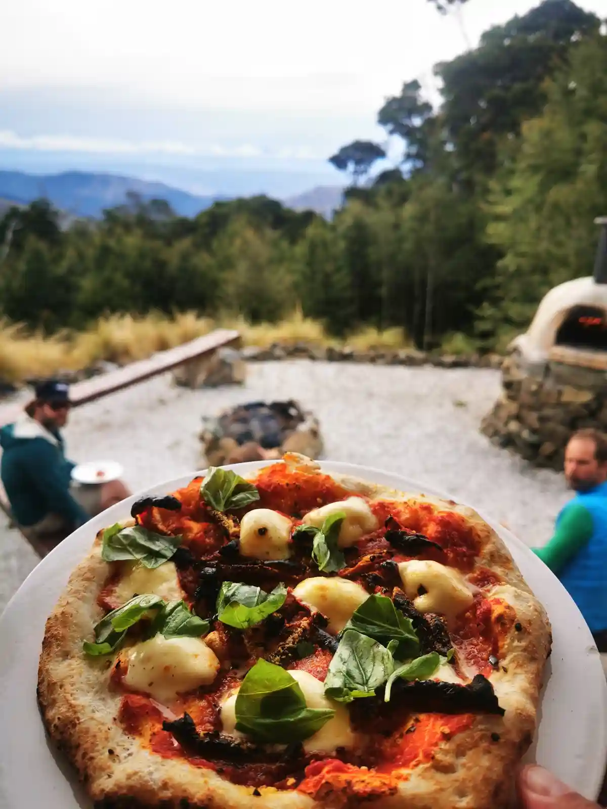 A close-up photo shows a hand holding a plate with a freshly baked pizza topped with tomato sauce, mozzarella balls, and…