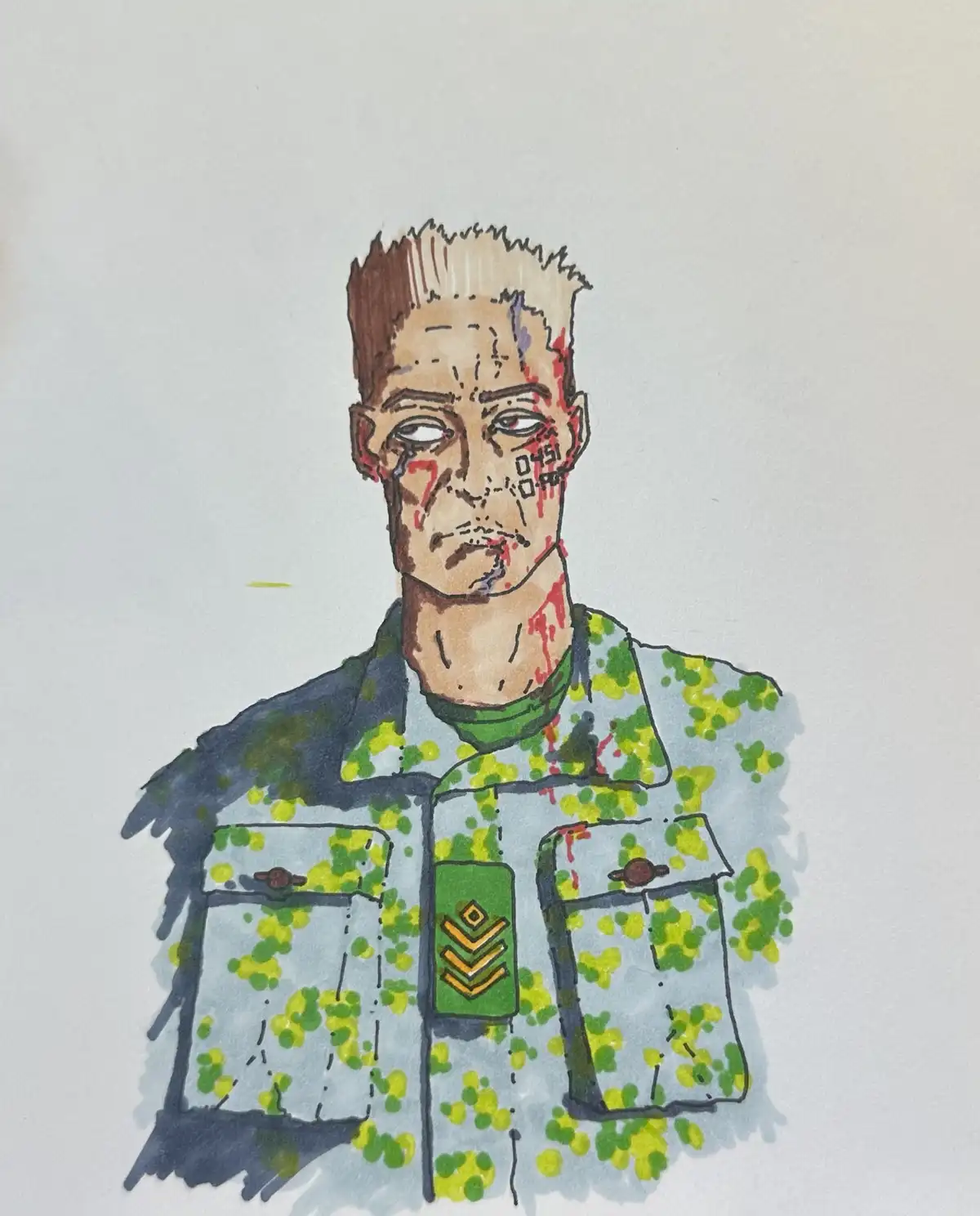 A hand-drawn illustration of a soldier in a green and yellow camouflage uniform with a green rank patch showing three…