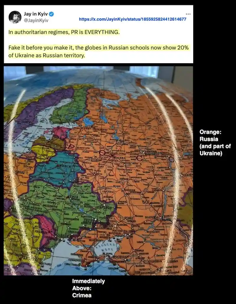 A screenshot of a tweet by Jay in Kyiv is overlaid on a photo of a globe. The globe shows a large orange-colored area…