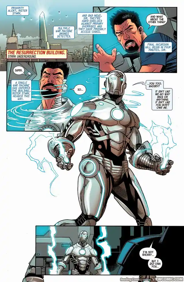 A comic panel shows War Machine in his silver armor with glowing blue energy, responding to a threat. He is speaking to a…