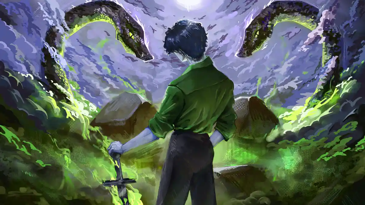 A person in a green shirt stands with their back to the viewer, holding a sword, facing a massive, glowing green dragon with…