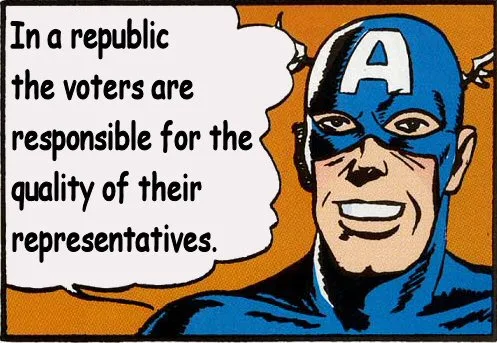 A comic book-style image of Captain America smiling, with a speech bubble containing the text 'In a republic the voters are…