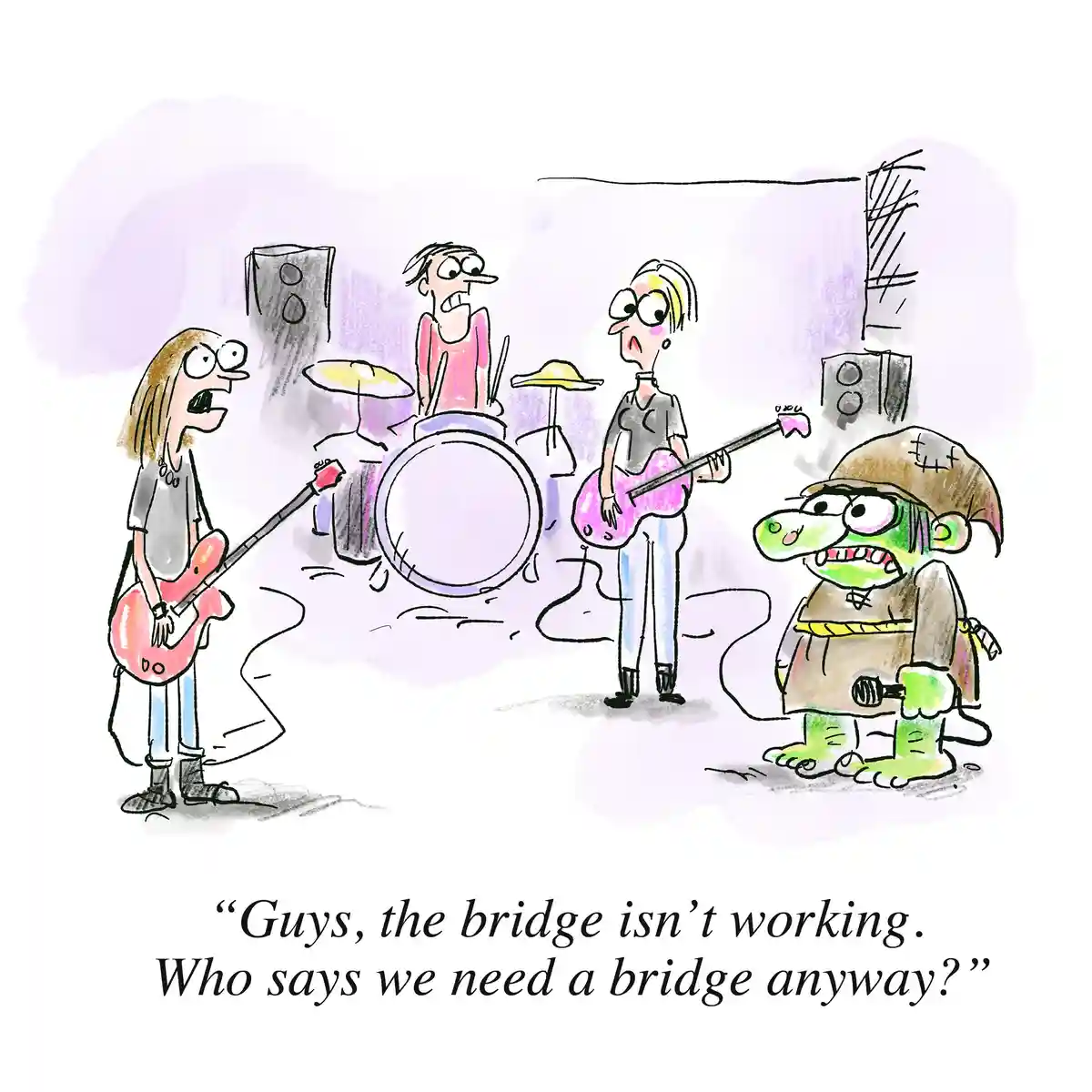 A cartoon depicts a band performing on stage with a drummer, two guitarists, and a green, stitched-up monster singer holding…