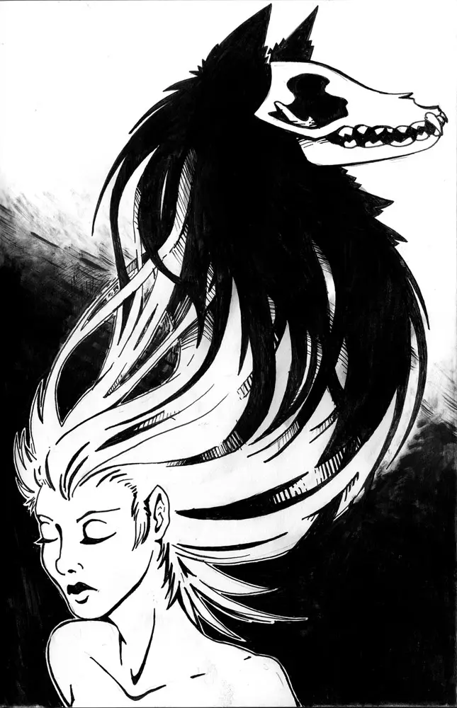 A black-and-white illustration shows a person with their eyes closed and hair flowing upward, forming the shape of a wolf's…