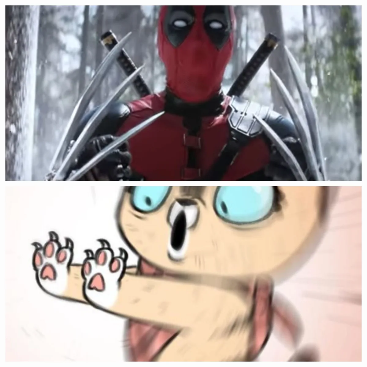 The top panel shows a person in a red and black Deadpool costume with adamantium claws extended from their knuckles…