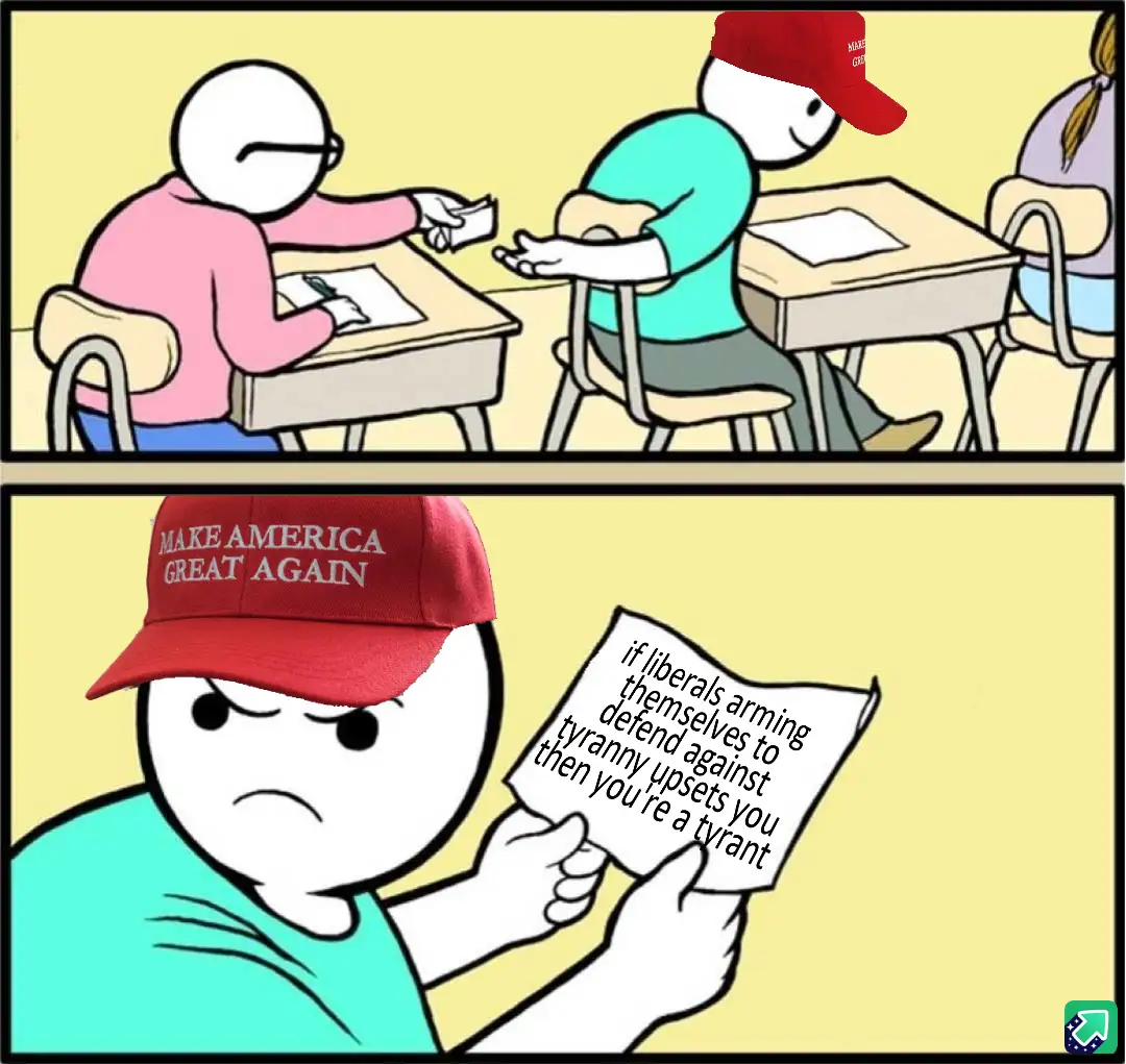 Two-panel comic shows a student in a red 'MAKE AMERICA GREAT AGAIN' cap receiving a note from a classmate. The note reads…