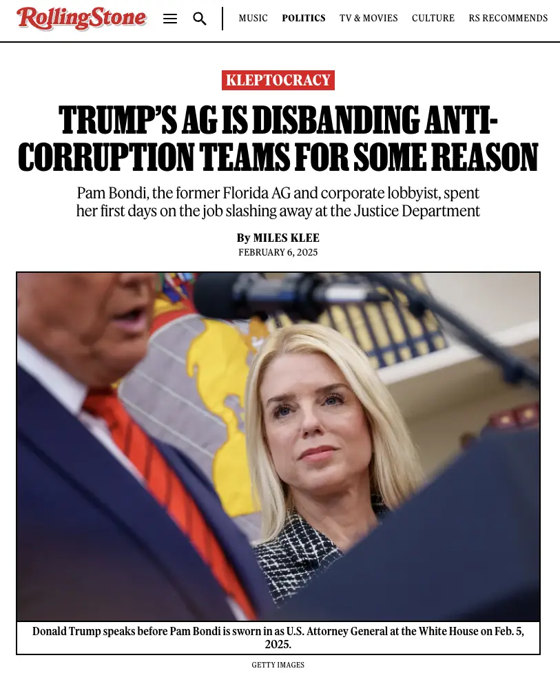A screenshot of a Rolling Stone article header showing a photo of Donald Trump speaking while Pam Bondi, with a serious…