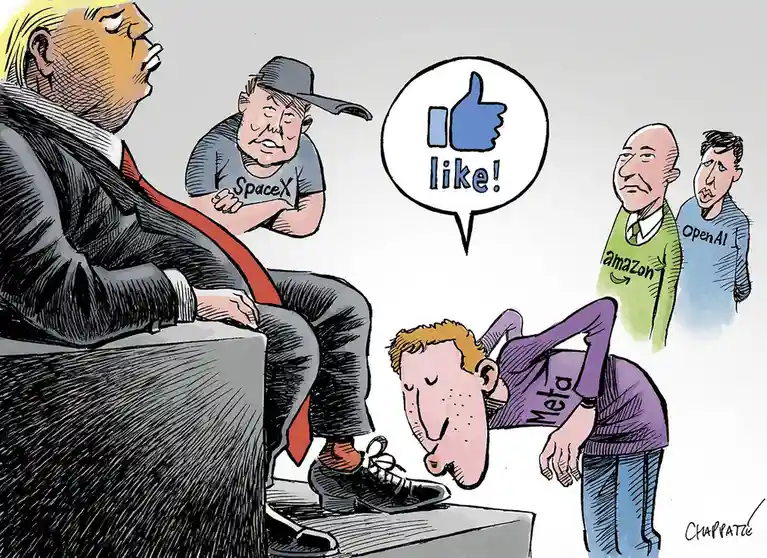A cartoon depicts a man in a suit (Donald Trump) sitting on a couch, looking down at a man in a purple 'Meta' shirt who is…