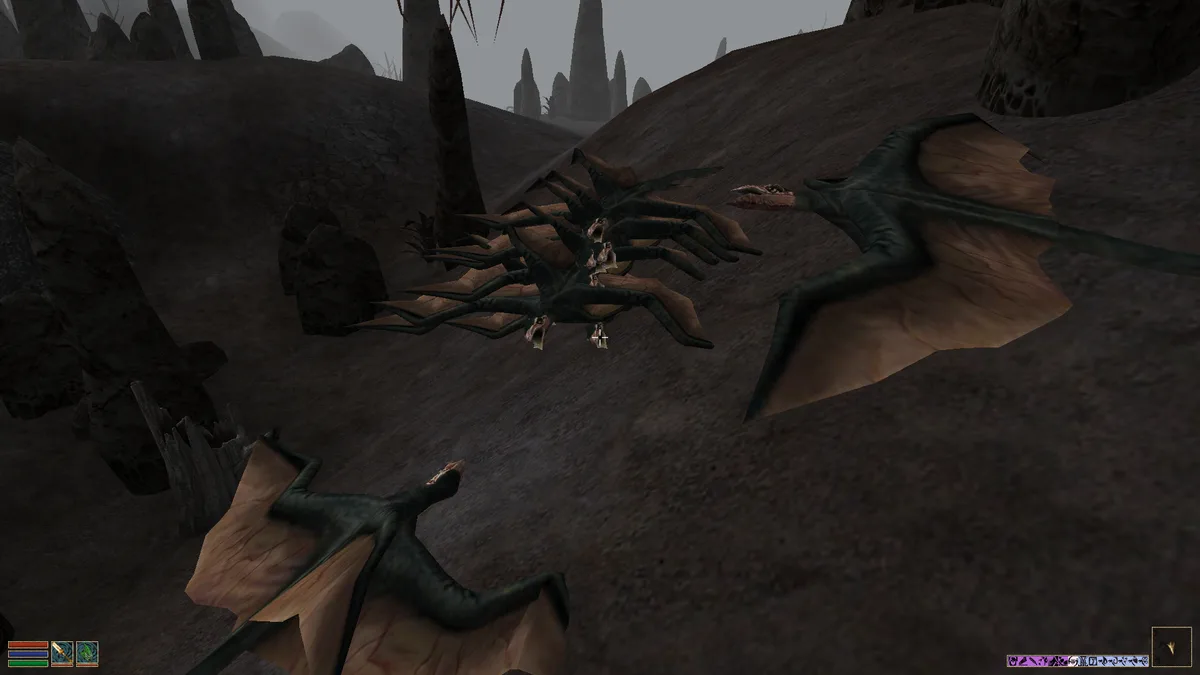 A screenshot from the video game 'The Elder Scrolls III: Morrowind' shows a player character riding a flying creature…