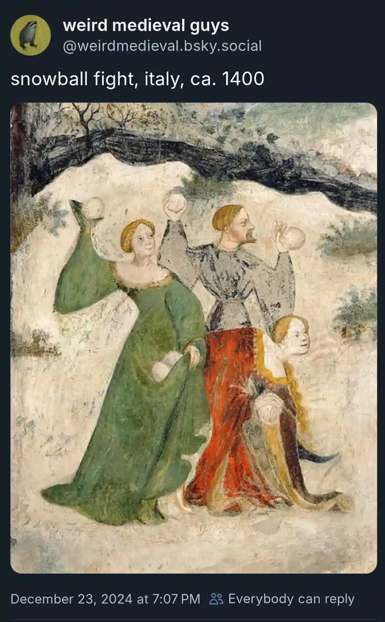 A medieval-style painting depicts three people in period clothing standing in a snowy landscape, each holding a snowball as…