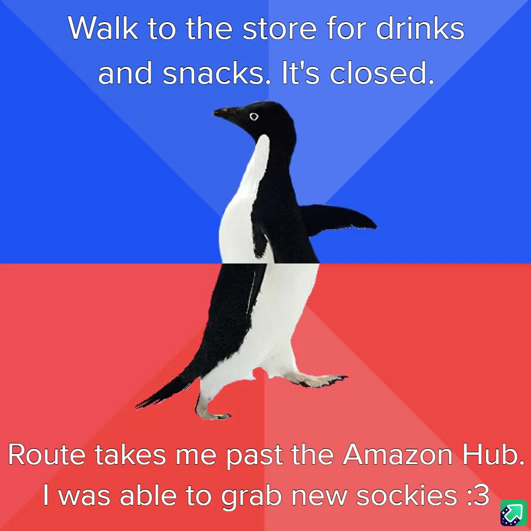 A penguin walks across a split blue and red background. The top text says 'Walk to the store for drinks and snacks. It's…
