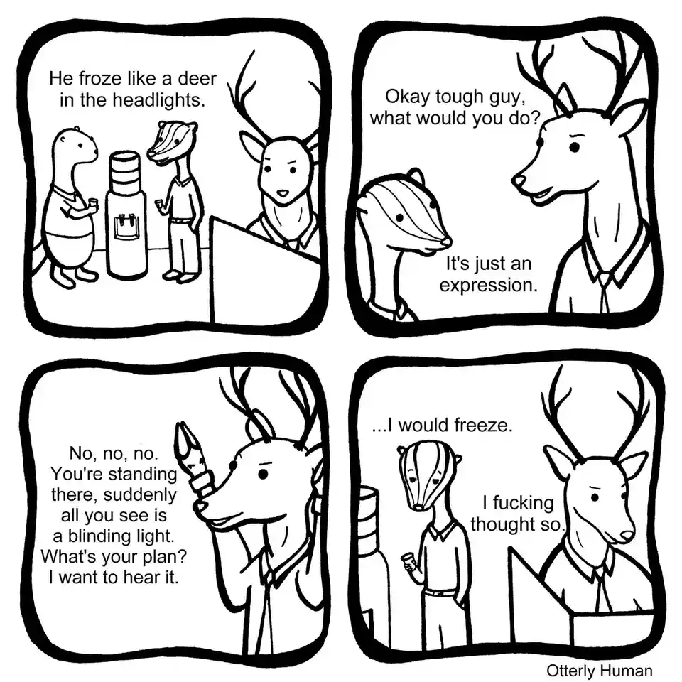 A four-panel comic strip featuring anthropomorphic animals: a badger and an otter at a water cooler, and a deer in a suit…