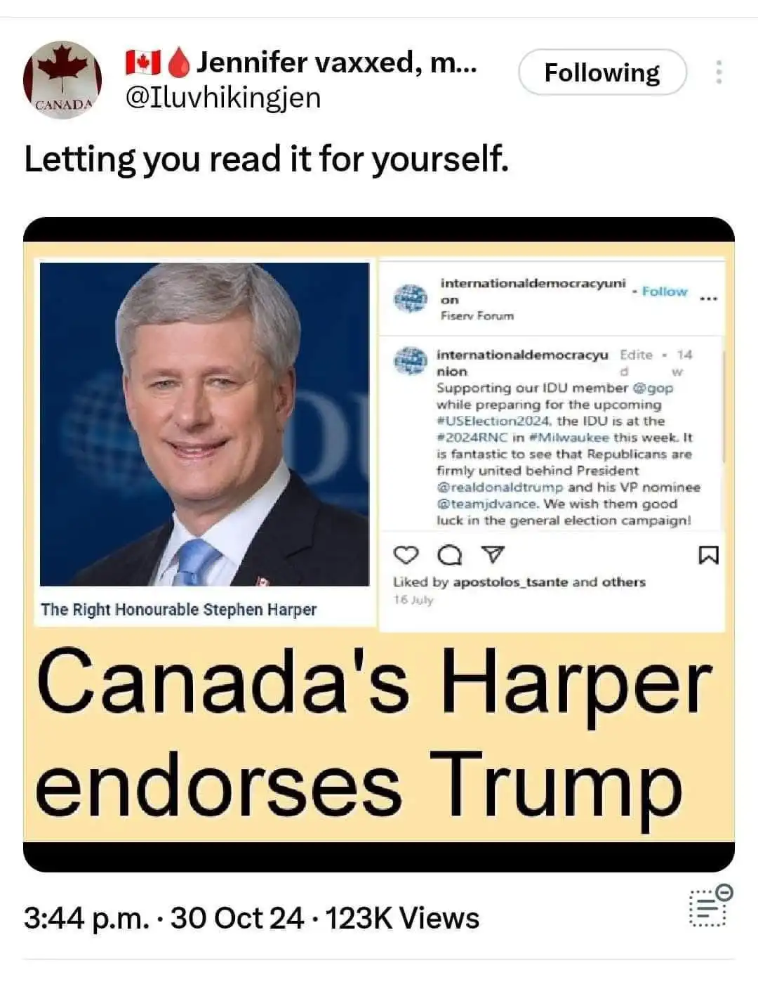 A screenshot of a social media post by user @Iluvhikingjen shows a photo of Stephen Harper with overlaid text reading…