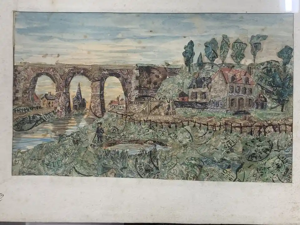 A watercolor painting depicts a pastoral landscape with a stone bridge, houses, and trees, but the entire scene is covered…