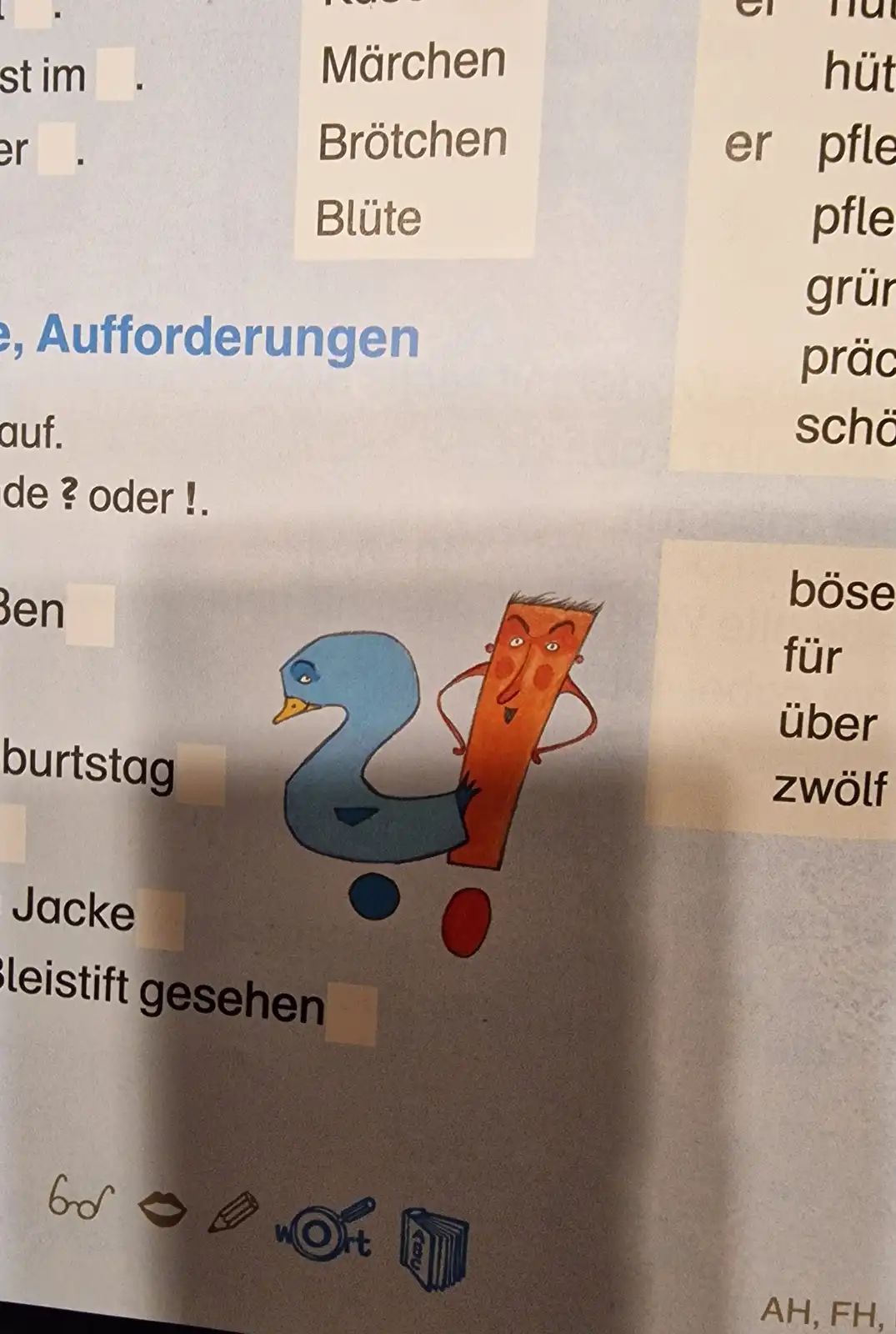 A German-language children's worksheet with fill-in-the-blank exercises and vocabulary lists. A cartoon illustration shows a…