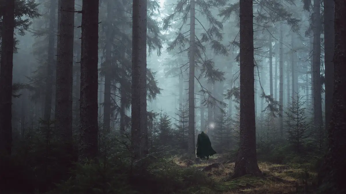 A lone figure in a dark green cloak walks away down a misty forest path, surrounded by tall, dense pine trees. The scene is…