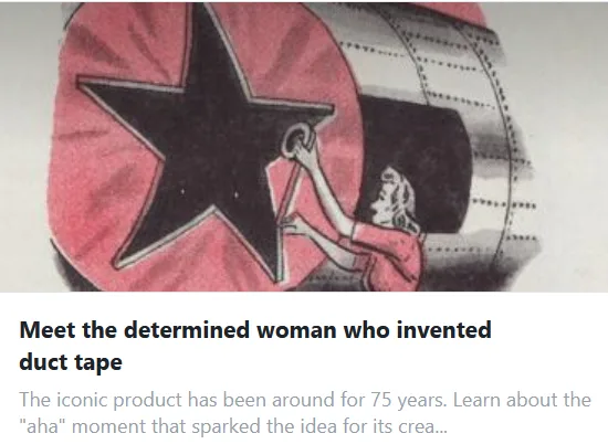A vintage-style illustration shows a woman in a pink dress reaching into a large, cylindrical roll of red duct tape with a…