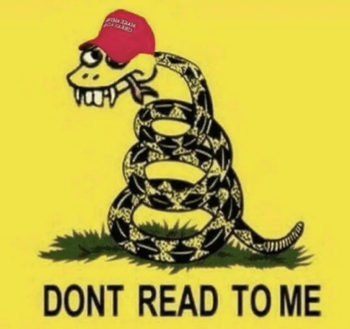 A cartoon coiled rattlesnake with a red 'MAKE AMERICA GREAT AGAIN' cap on its head, set against a yellow background with…