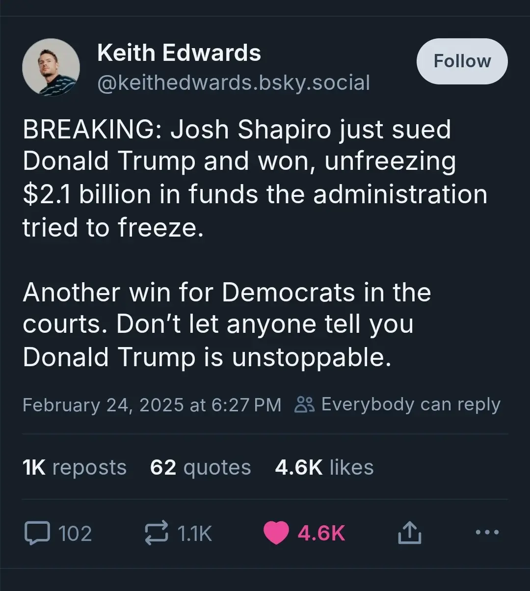 A screenshot of a social media post by Keith Edwards on a dark-themed platform, displaying a 'BREAKING' headline about Josh…
