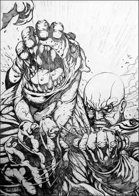 A black-and-white comic-style illustration shows a bald, muscular man with a furious expression, gripping a monstrous…